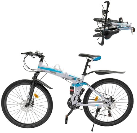 Ciounmb Faltbares Mountainbike in 26 Zoll Fahrrad, 21 Gang Schaltung, Doppelscheibenbremse, Vollfederung, Fully MTB für Jungen, Mädchen, Damen & Herren (Blau, Weiß)