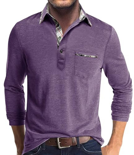 SOOUICKER Poloshirt Herren Langarm Regular Fit Poloshirts für Herren Elegant Arbeit Langarmshirt Herren mit Kragen Poloshirt Herren Kariert Modern Poloshirt Herren mit Brusttasche Muster