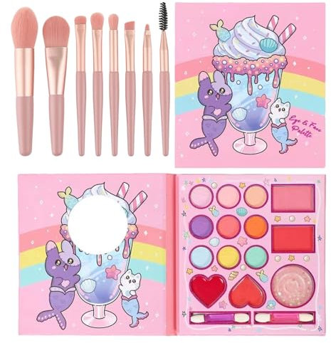 AYNKH Set Trucco Ragazze 14 Colori, 8 Pennelli Rosa, Palette Portatile, per Show Halloween, Festa di Compleanno, Regalo Bellezza