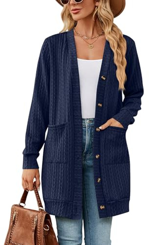 Atxnn Gilet Femme Long Cardigan Femme à Manches Longues Élégante Pull Veste Boutons avec Poches Devant Cardigan Confortable et décontracté pour Automne/Hiver
