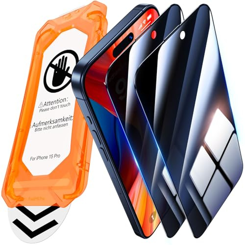 UniqueMe für iPhone 15 Pro für Panzerglas Sichtschutz - 2 Stück Schutzfolie | Privacy Displayschutz, Auto Installation, Bruchsicher Militärniveau, 9H-Härte, Anti-Kratzer Bläschenfrei, Anti Spy Folie