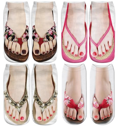 Calcetines con Estampado de Manicura, 4 pares Calcetines con 3D Estampado de Chanclas, Calcetines Divertidos y Lindos, Calcetines con Patrón 3D, Calcetines Tobilleros De Corte Bajo