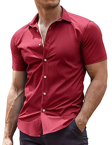 COOFANDY Chemise à manches courtes pour homme, chemises d'été extensibles pour affaires, décontractées, sans repassage, coupe régulière, tailles XS à 4XL, rouge vin, XL