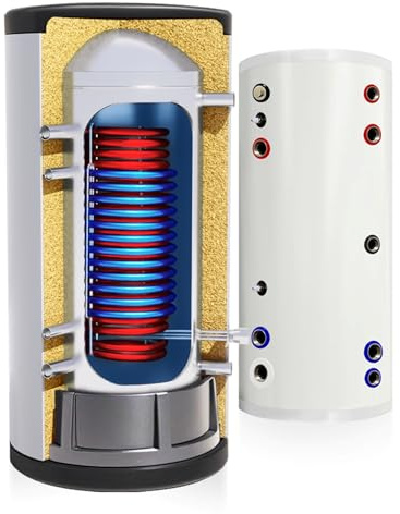 TECHGLOBE - Brauchwasserspeicher mit 2 Wärmetauscher (1.8 +3.1 m²) - Komplett aus Edelstahl - Energieeffizient Warmwasserspeicher- mit 50mm Isolierung (400 L)