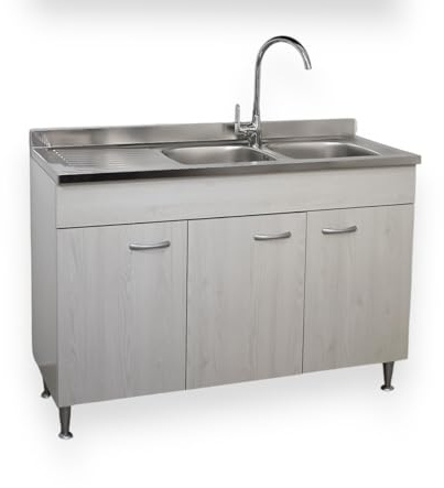 Yellowshop - Mobile cucina sottolavello a 3 ante cm 120 effetto legno frassino moire componibile con lavello inox e scolapiatti Basic (Sottolavello con lavello piano Sx)