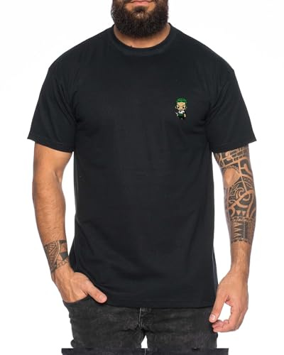 Zoro Icon Straw Hat Besticktes Herren T-Shirt - Manga Stick Pirat Anime Luffy, Farbe:Schwarz, Größe:XXL