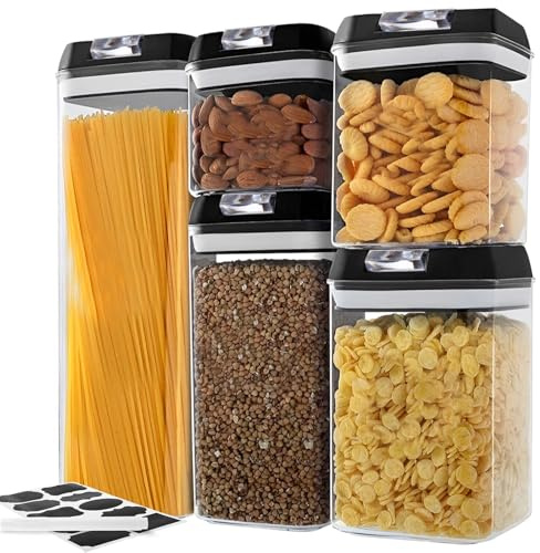 LOLYSIC Airtight Cereal Storage Containers, Kitchen Airtight Food Storage Containers, Stackable Kitchen Pantry Storage Containers for Food, Flour, Cereal, Spaghetti (5)
