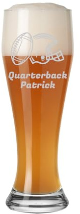 LUXENTU Weizenglas mit Gravur, Football-Motiv, 0,5 l, 1 Stück | Personalisiertes Kristall- & Hefeweizenglas für American Football-Fans, offizielle Eichung, spülmaschinenfest