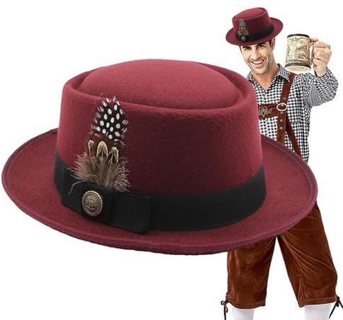 Krujecnt Oktoberfest Outfits Hut, Oktoberfest Hüte für Herren, Bayerischer Hut mit Feder, Embleme Oktoberfest Kostüm Accessoires, Oktoberfest Outfits Damen, mit Federn und Emblemen (Weinrot)