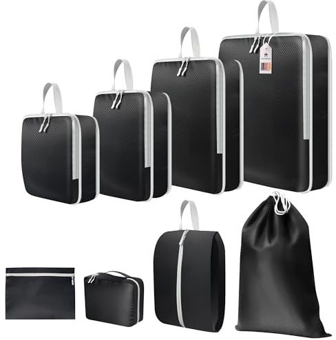 AMATHINGS 8er Set Kompressionstaschen – 60% Platzersparnis durch Ripstop Packing Cubes – Wasserdichte Kofferorganizer & Kleidertaschen für Reise & Rucksack – Inkl. Schuhbeutel & Wäschebeutel (Schwarz)