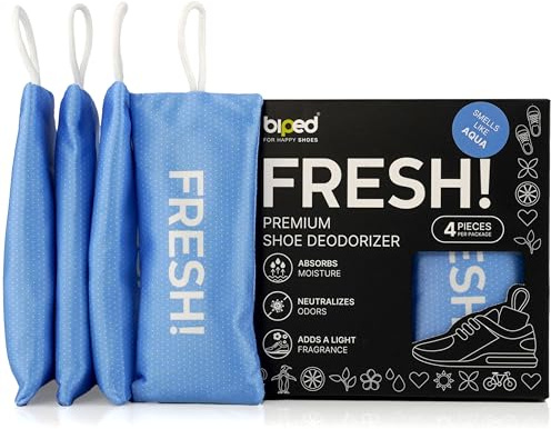 biped FRESH! desodorante premium para calzado – cojín aromático con carbón de bambú activo – elimina olores y sudor de zapatillas, zapatos deportivos y mochilas z2925(AQUA, 4 pieces)
