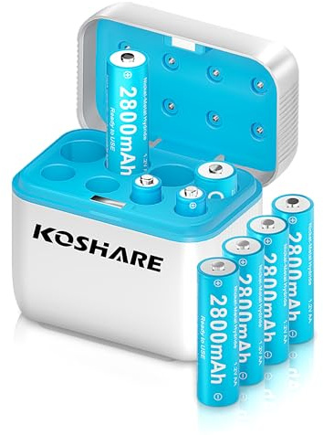 KOSHARE 8 Pack Rechargeable Ni-MH Batteries AA with Charger, 1.2V 2800mAh Ni-MH AA Battery,Double A NiMH Battery,Rechargeable up to 800 Times,Pre-Charged (White+Blue, 8AA+8Slot Charger)