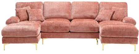 Cayipng Sofá Seccional Modular en U Moderno Grande de Chenilla - Reclinable Doble con Sofá Cama y Almacenamiento, para Sala de Estar/Dormitorio/Apartamento, Extra Ancho, Rosa