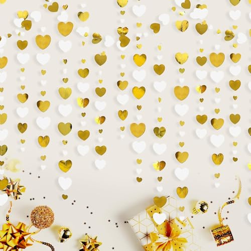 52 Ft Love Heart Garland Hanging Streamers,White and Gold Party Hanging Paper Streamer Banner for Wedding Anniversary Engagement Birthday Bridal Shower Valentine's Day Christmas Party Decoration
