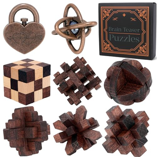 8 Pcs Brain Teaser Puzzles for Adults Teens - Metal Puzzles 3D Puzzle Game Toys for Adults Teens - Wooden Unlock Interlocking Puzzle Adult IQ Education Smart Toys