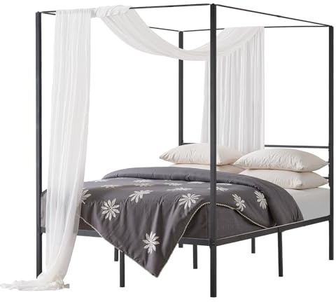 VEVOR Letto a Baldacchino Matrimoniale, Letto in Metallo con Testiera Minimalista e Design a 4 Baldacchini, Robusto Supporto a Doghe in Acciaio Quadrato, Non Necessita di Materasso a Molle, Nero