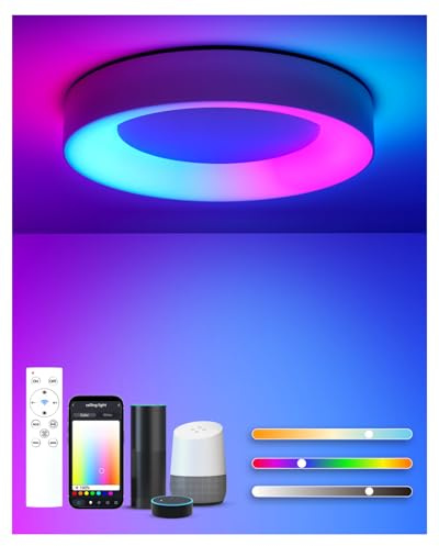 Matane Smart Ceiling Light RGB with Remote Control, 24W Dimmable LED Flush Mount Lamp Indoor Work with APP, Alexa, Google Home, 3000-6500K for Living Room, Bedroom, Kids Room, Kitchen, Round 11 inch