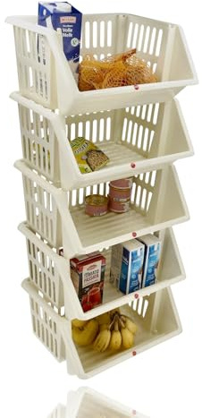 Lot de 5 paniers à légumes – Porte-panier crème pour cuisine et garde-manger – Paniers de rangement empilables pour fruits et légumes
