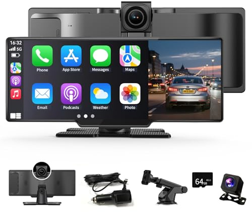 CarPlay Display Android Auto Display,10,26 Zoll Wireless Car Play&Android Auto HD Touchscreen mit 4K Dashcam 1080P Rückfahrkamera Navigation Bluetooth Sprachsteuerung/Mirror Link,für Alle Fahrzeuge