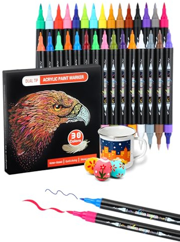 Brled 30 Colours Acrylic Paint Pens, Dual Tip Acrylic Paint Markers | Vibrant Acrylic Ink | Multi-Surface Use | Quick-Dry & Waterproof | For Wood, Stone, Rock Painting, Glass, DIY Crafts Making