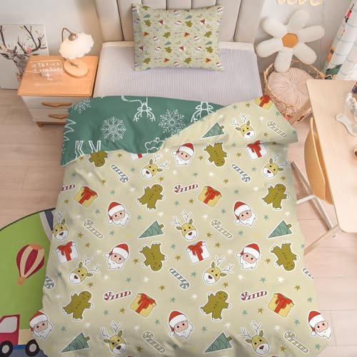 Parure de lit pour Enfant et BéBé Coffret Cadeau éToilé - Housse de Couette 100x135 cm PèRe NoëL avec Taie d'oreiller 40x60 cm, Linge de Lit Bebe Doux Réversible pour Bebe/Tout-Petit - Beige C5