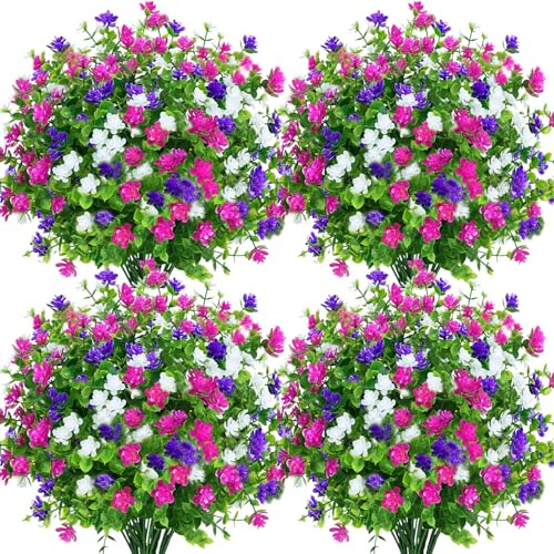 Toprooms 12 Bundles Artificial Flowers,Artificial Plants Outdoor UV Resistant Shrubs Plants for Hanging Planter Faux Plants Home Garden Wedding Porch Window Decor (3 colors A)