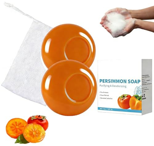 Persimmon tvål, naturlig fast tvål – deodoriserande och fuktgivande, mild rengöring för ansiktskropp och intimt område, peelande kroppsluktkontroll, med skumnät (2 st)