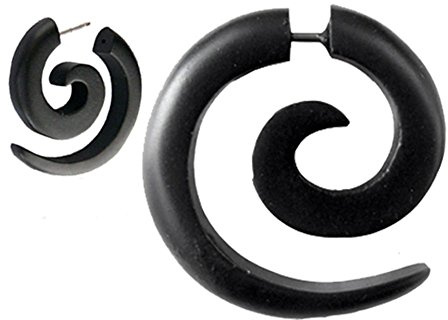 CHICNET Tribal Ohrring Sono Holz Spirale in schwarz- Edelstahlbügel- Fake Piercing