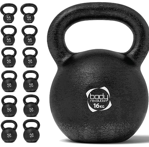 Body Revolution - Cast Iron Kettlebell Weight Set - 16kg Kettlebells - Cardio, Aerobics & HIIT Kettle Bell Exercise Weights & Gym Equipment