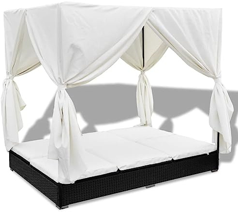 vidaXL Outdoor-Loungebett mit Vorhang Poly Rattan Schwarz