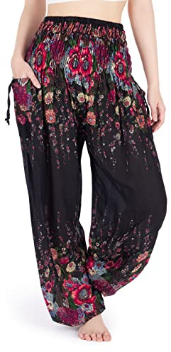 Lannaclothesdesign Harem Pants Women High Waist Bohemian Yoga Pants with Pockets - Boho Hippie Clothes (XL, Black)