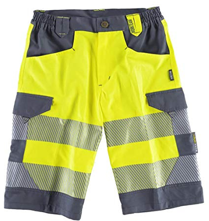 WorkTeam Pantalón Corto o Bermuda de Alta Visibilidad EN 20471, Multibolsillos, Combinado con Cintas Reflectantes Discontinuas y Cintas Decorativas, Trabajo. Unisex Amarillo A.V. + Gris Oscuro XL