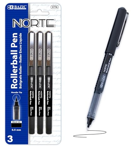 BAZIC PRODUCTS Norte Rollerball Pen 0.5mm Black Color Needle Point, Regulator Flowing Liquid Ink Pens, Rolling Ball Pens Smooth Writing (3/Pack), 1-Pack