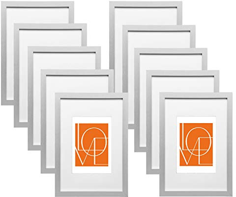 WOLTU Bilderrahmen A4, 10er set, MDF-Holz Fotorahmen mit Passepartout | Silber, Posterrahmen für Poster, Fotos, Puzzle, aufhängbar & aufstellbar, Collage-Wanddeko mit bruchsicherer PS-Platte