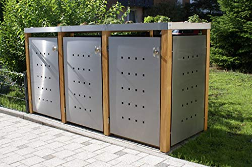 Mülltonnenbox bis 240 Liter Edelstahl Holzpfosten 3er Box mit Befestigungsset abschließbarer Griff Bangkirai (Pflanzendach)
