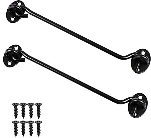 kuou 2Pack 10 inch Hook and Eye Latch, Stainless Steel Shed Lock Cabin Hooks Outside Metal Door Look Gate Latches with Mounting Screws for Door Gate Window Closet Silent Brace Black