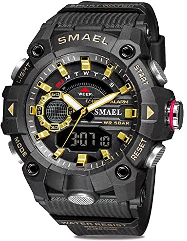 SMAEL Men's Digital Sports Watch Military Outdoor Waterproof Chronograph Watches Big Wrist with Alarm Date Multifunction LED Stopwatch Black/Gold, Black / Gold-Coloured, Strap.