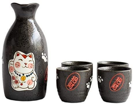 Giapponese di Ceramica Sake Set Set di tazze per sakè Ristorante giapponese Servizio da tavola Set da tè Cute Lucky Cat Sake Wine 1 Pentola Set da 4 tazze, Confezione regalo Sottosmalto ad alta temp