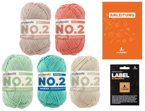 myboshi Baby-Wollpaket, No.2 Wolle geeignet für Babys, mit original Label, 5 Knäuel x 50g, Lauflänge 100m, Anleitung, zum Häkeln oder Stricken, Baby-Wolle, 5 Knäuel + Anleitung