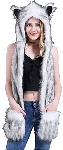 iNelihoo 3-in-1 Damen Winter Kapuzenschal mit Fäustlingen Thermal Kunstpelz Kapuzenschal Neckwarmer Hoodie Tasche Warmer Outdoor-Ohrschal Winddicht Kälteschutz Mütze Schal Handschuhe Set
