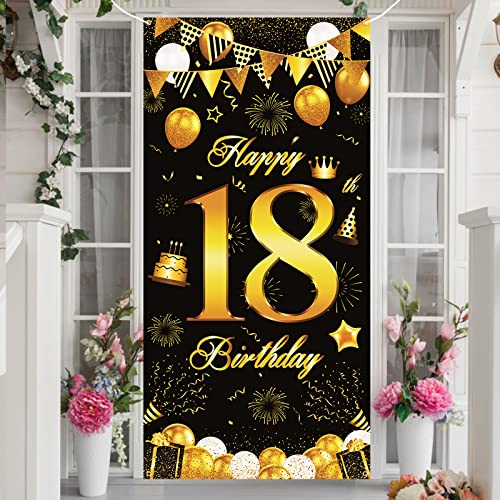 18. Geburtstag Banner Schwarz Gold, 18 Jahr Geburtstag Deko Tür Hintergrund für Junge, Großer Stoff 18 Geburtstag Party Dekoration Fotohintergrund Poster für Mädchen Tisch Wand Dekoration, 185 x 90cm