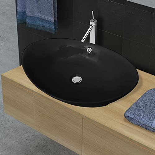 WIFESE Luxuriöses Keramik Waschbecken Oval Schwarz 59x38,5x19 CM Aufsatzwaschbecken Eckig Badezimmer Möbel Waschbecken Gäste WC Handwaschbecken Dekoratives Waschraum Sein Badezimmer Modernes Design
