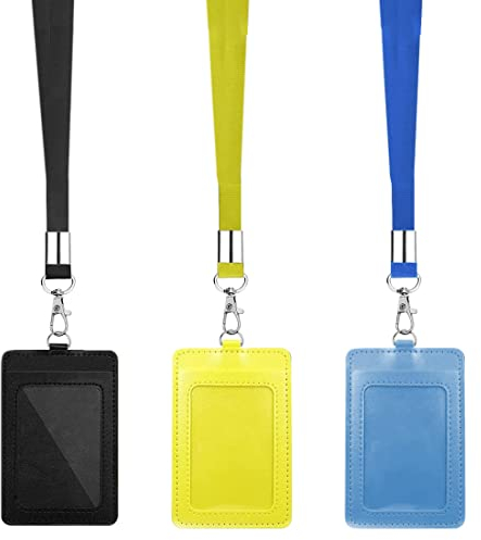 3 Stück Leder Ausweishülle mit Band Vertikal ID Ausweishalter mit Neck Lanyard Strap ID Card Badge Holder Kartenhalter Ausweis mit Schlüsselband für Ausweise Busfahrkarten Hülle （schwarz/gelb/Blau）