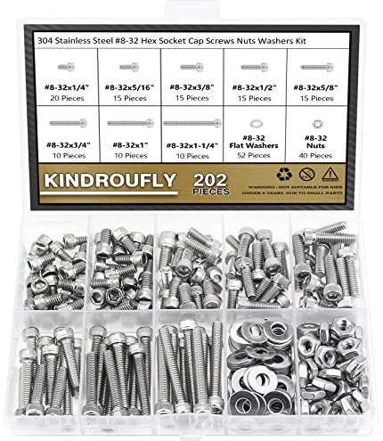 Kindroufly 202 Pieces #8-32 x 1/4, 5/16, 3/8, 1/2, 5/8, 3/4, 1, 1-1/4, Hex Socket Head Cap Screws Nuts Washers Assortment Kit, 304 Stainless Steel, Fully Machine Thread