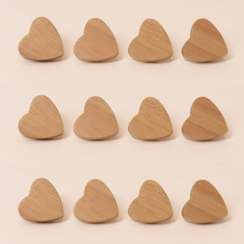 Möbelknöpfe Holz Herz 12 Stück - Schrankknöpfe Kinder, Holzknöpfe für Kommoden, Möbelgriffe Holz 12er Set