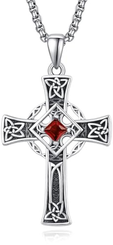July Birthstone Cross Necklace Sterling Silver Celtic Cross Necklace for Men Garnet Cross Pendant Necklace Irish Jewellery July Birthstone Gifts for Men