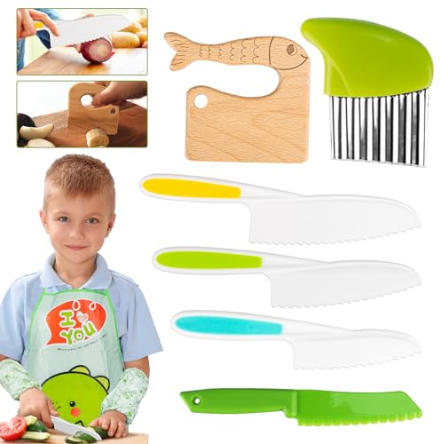 FANTICDE 8-Teiliges Kindermesser, zum Schneiden und Kochen von Obst oder Gemüse für Kleinkinder, Wellenkartoffelschneider, mit Holzmesser, Kinderschürzen-Set