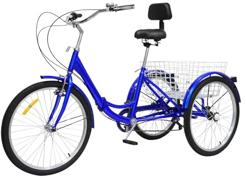Zalydala Dreirad Erwachsene 24 Zoll Dreirad 7 Gang-Fahrrad Faltbares Cruise Bikes für Erwachsene,3-Rad-Fahrrad mit Einkaufskorb (blau)