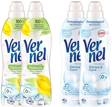 VERNEL Juego de suavizante (4 x 37 lavados (148 WL), 2 x Naturals Ylang Ylang y hierba dulce y 2 x Derma & Care, proporciona una suavidad irresistible, botella reciclable