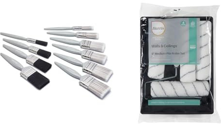 Harris Essentials Walls & Ceilings and Woodwork 10 Pack, 0, 1 x 1.5, 1 x 2 Gloss 1 x 0.5, 1 x 1 & 102012009 Seriously Good Walls & Ceilings Paint Roller Set 9in